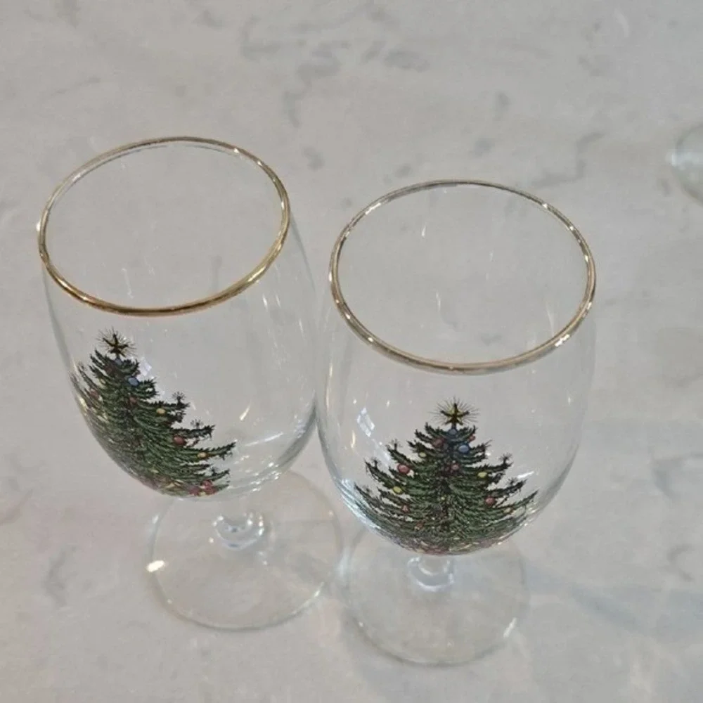 SET OF 8 Spode Christmas Tree Wine Glasses 22k Gold Rim 6.5